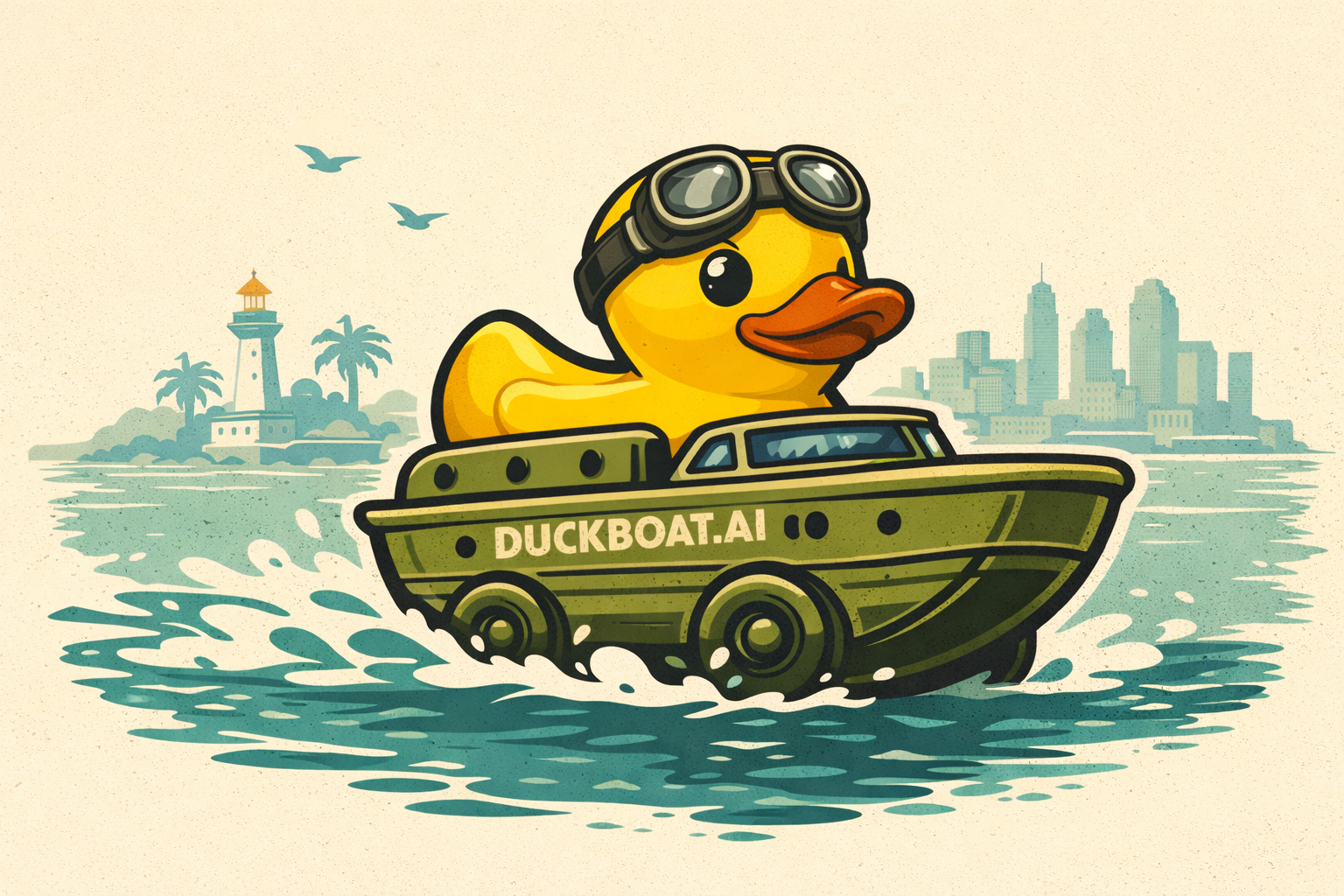 A rubber duck wearing aviator goggles rides a military amphibious vehicle labeled DUCKBOAT.AI across San Diego waters, with a lighthouse and city skyline in the background